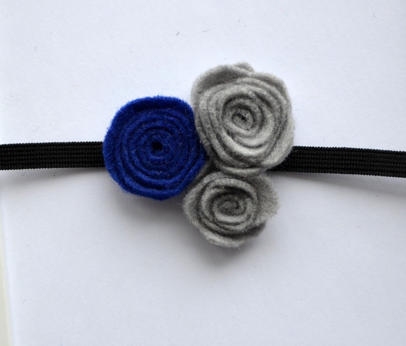 Baby Head Band - Blue and Grey Felt Rosebud Flower Headband - Handmade Headband Infants Toddlers Adults Girls