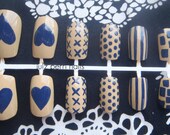 Cute Blue & Tan Patterned False Nails