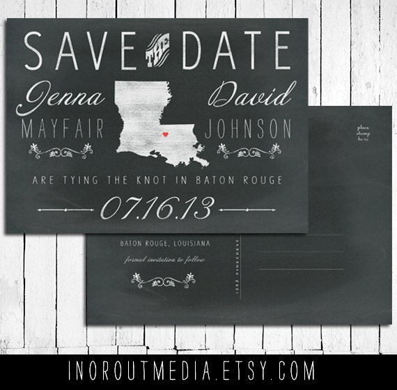 State Save the Date Card -  Chalkboard card with postcard back, ANY city & state - STD, personalized Save the Date postcard
