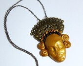 Mask Pendant, Ethnic Pendant, Polymer Clay Pendant, Antique Gold and Brass Pendant, Polymer Clay Mask Pendant, OOAK