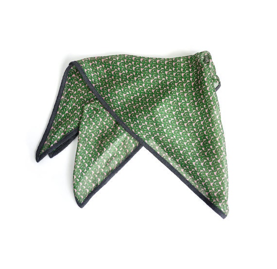 Garden green silk scarf in a fiddlehead fern print with graphite, palm or camel trim.