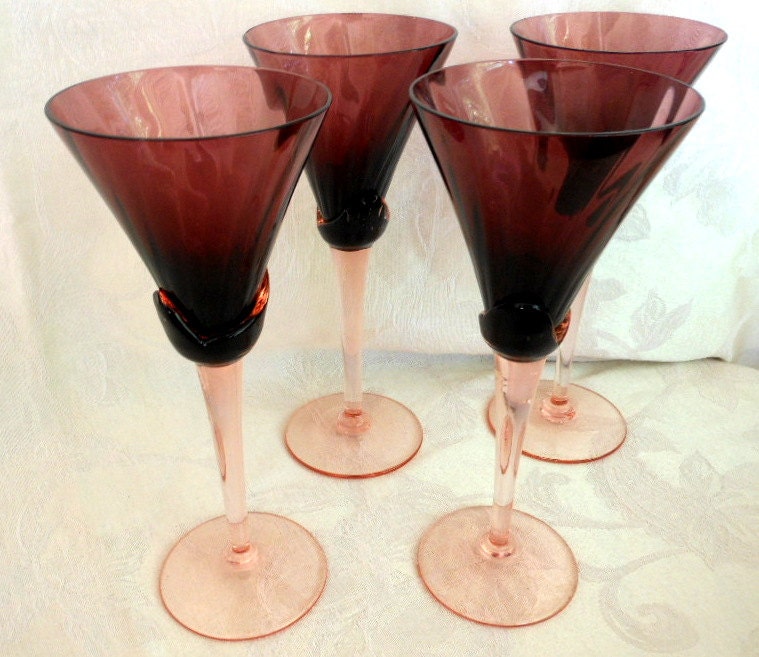 Mikasa Plum Blossom Set 4 vintage wine glasses stemware goblets pink violet purple