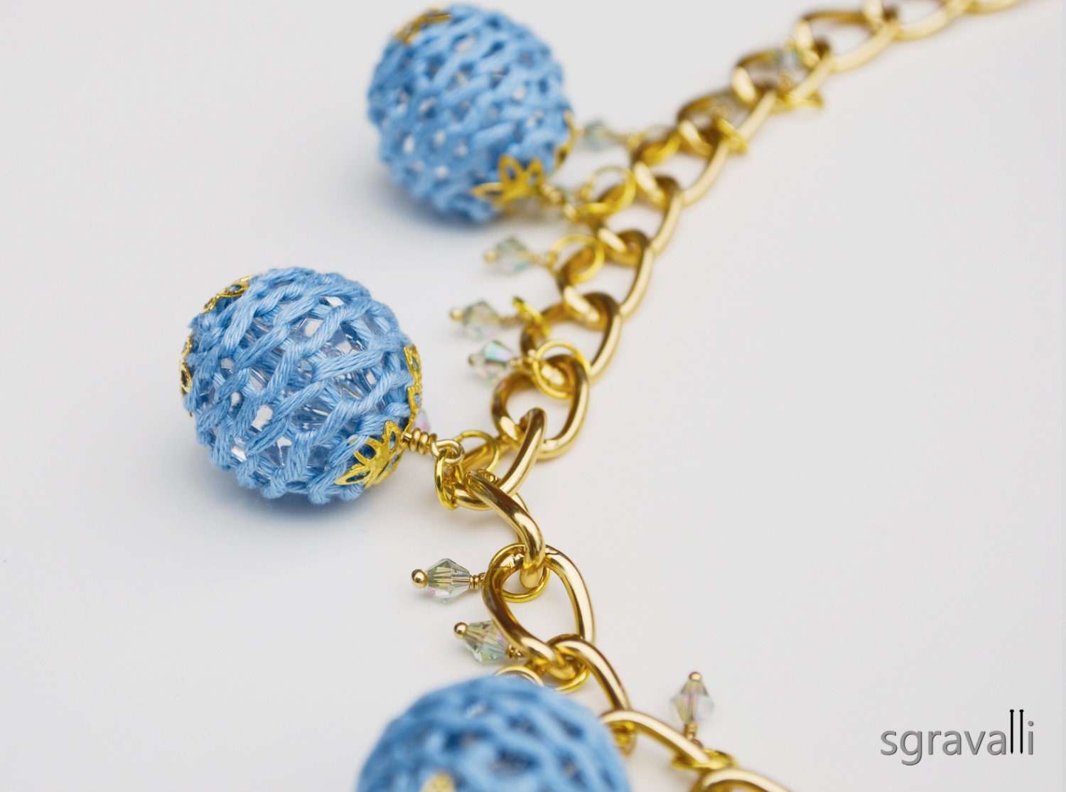 Sky Blue Chain Necklace. Long Dangle Necklace. Hand Knitted. Crystal Green -ish Beads. OOAK Spring Summer Fashion Jewellery. SKY necklace.