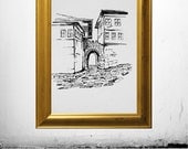 Ancient Brick Archway - Black White Art Print - Old Town - Ink Pen Drawing - Illustration and Art Poster by Atiartstudio