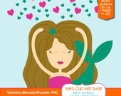 Valentines Day Brunette Mermaid Clip Art Personal Use Small Commercial Use for Invitations, Scrapbooking, Card making, PNG and JPEG Il_170x135