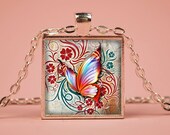 Rainbow Butterfly Swirls Pendant Necklace 1" Square Glass Jewelry Charm Art Print Gifts for Her or Him