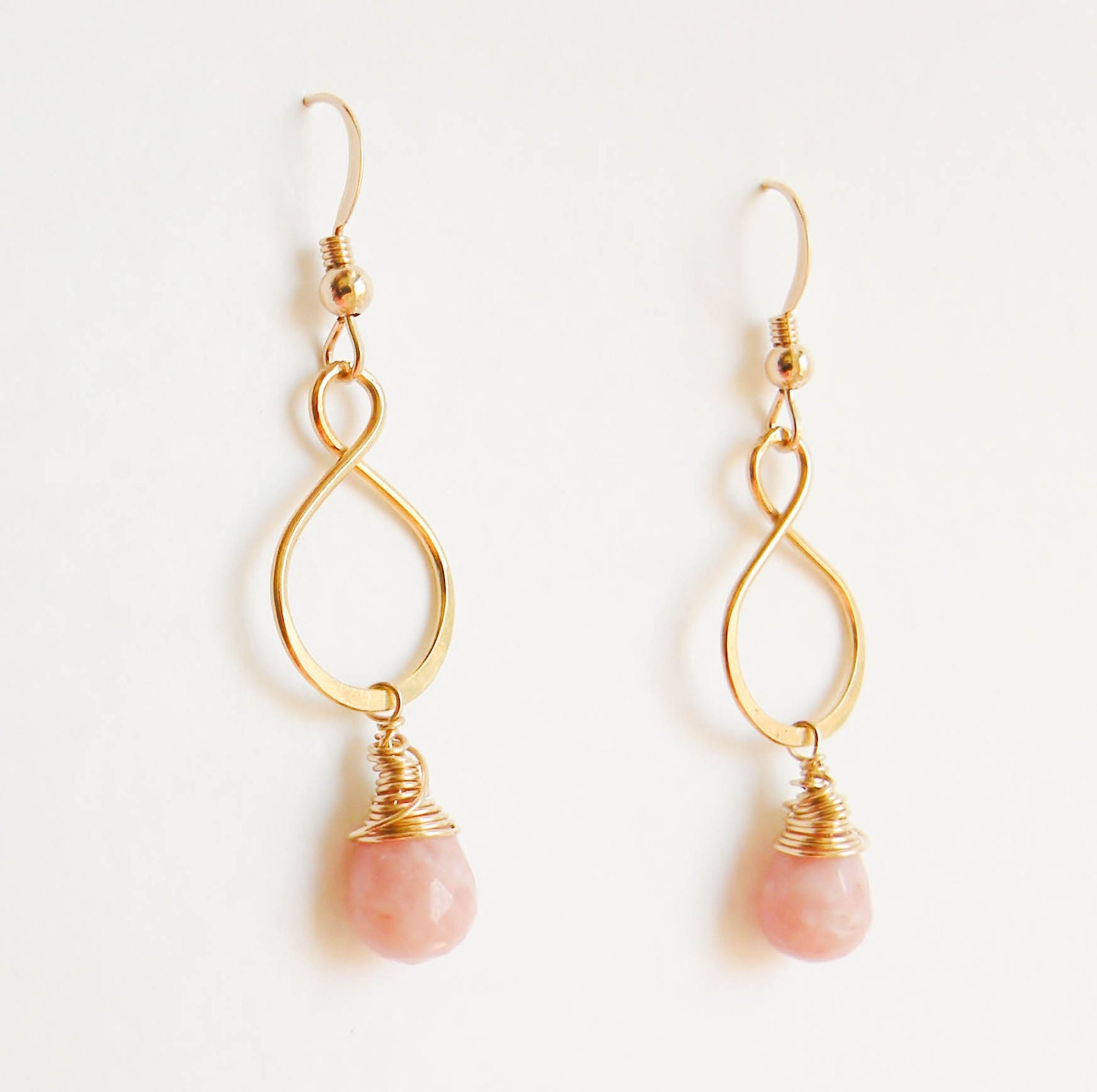 Gold Infinity Gemstone Earrings - Pink Opal Earrings on Vermeil Handmade Dangle Earrings - Wedding, prom - HouseDeFleur