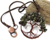 Dragons Blood Tree Necklace - Gemstone Tree of Life Necklace with Brown Leather Cord, Nature Jewelry