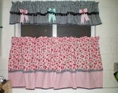 Handmade RETRO Vintage Cherries, Polk a Dots, Bows and Pom Pom Kitchen Curtains SET of 2