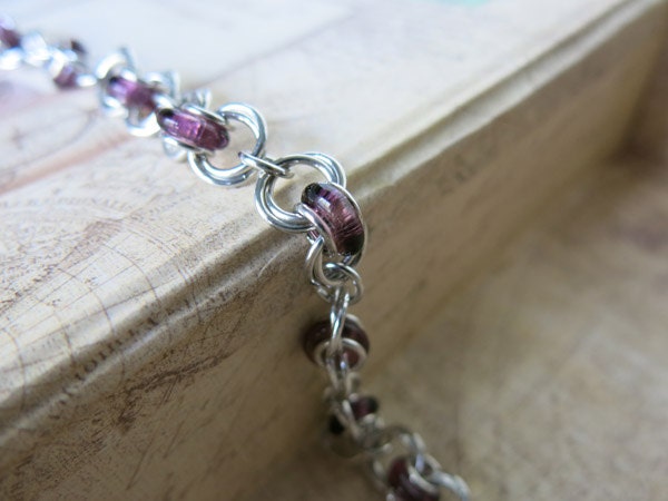 Amethyst Beaded Chainmaille Bracelet - Glass Beaded Bracelet