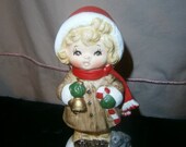 Vintage Napcoware Girl Stocking Hat Holding Bell Cat Birthday Gift Birthday Present Holiday Winter Christmas GIRL FIGURINE 8982