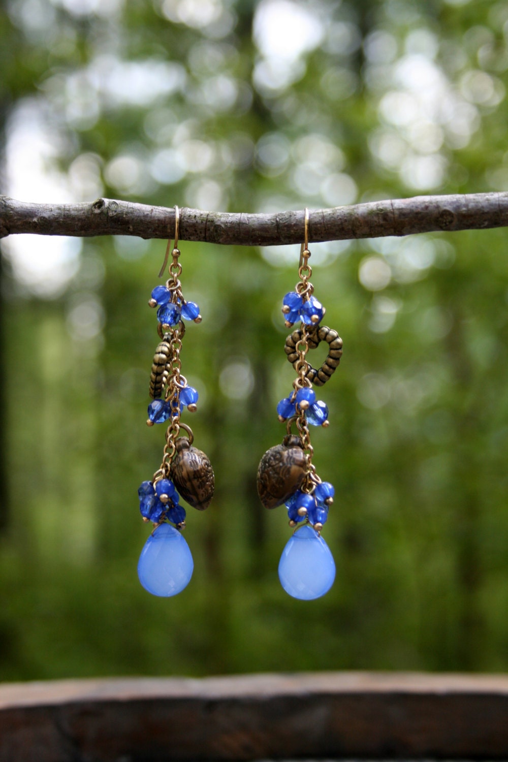 Romantic Blue Earrings Upcycled Long Bead Dangle Brass Heart Charms Tribal Indie Festival Magnolia Pearl Anthropologie Stevie Nicks Inspired