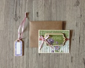 Handcrafted postcard with envelope - small greeting note card - lilac green rustic - summer country - brown envelope - europeanstreetteam
