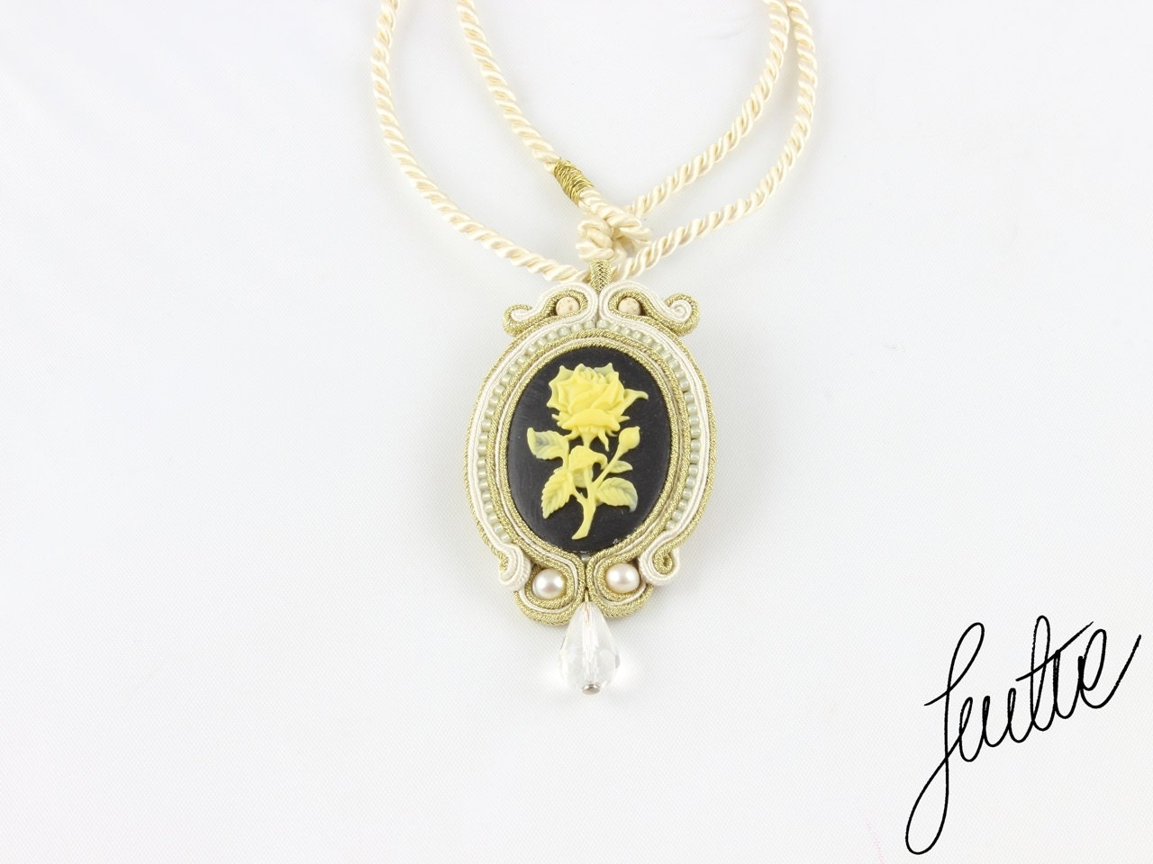 Elegant, gold, soutache pendant  with crystal, natural pearls and howlits - JustineWorld