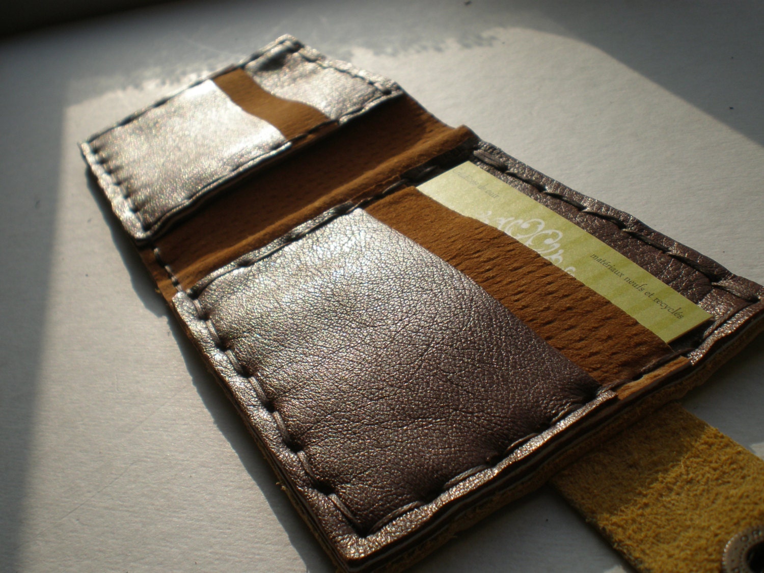 handmade leather wallet in yellow and brown