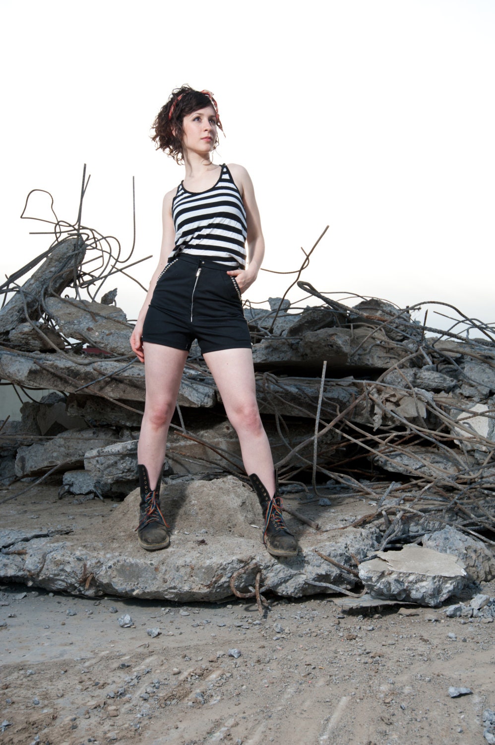 HOT High Waisted Short Shorts, Black with Silver hardware- Handmade, OOAK ( one of a kind ), Recycled / Upcycled