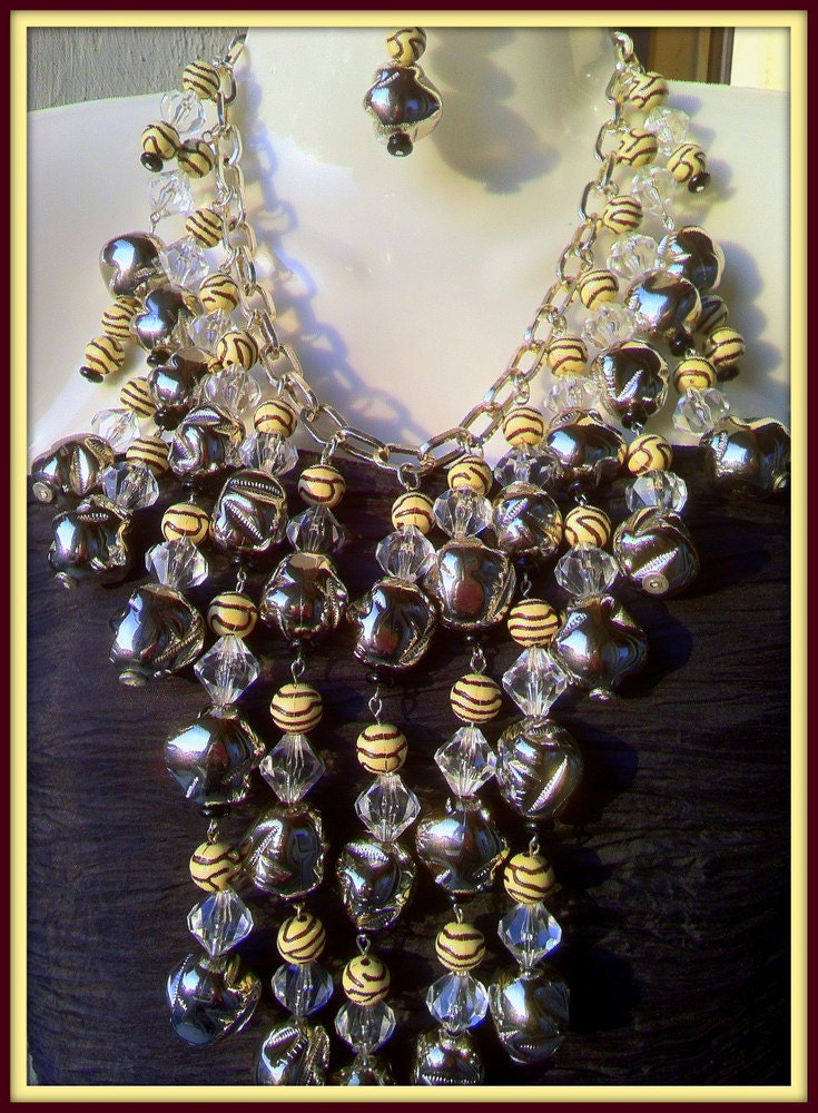 Silver Crystal Big Black Bib Statement Necklace & Earring Set, Metal Bell Charm Beads, Unique Boho Chandelier Jewelry Italian Gothic
