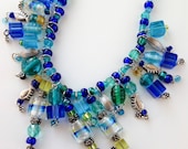 Cobalt, Aqua & Blue Bib-Style Necklace - Glass Beads With Fish Accents Jewelry