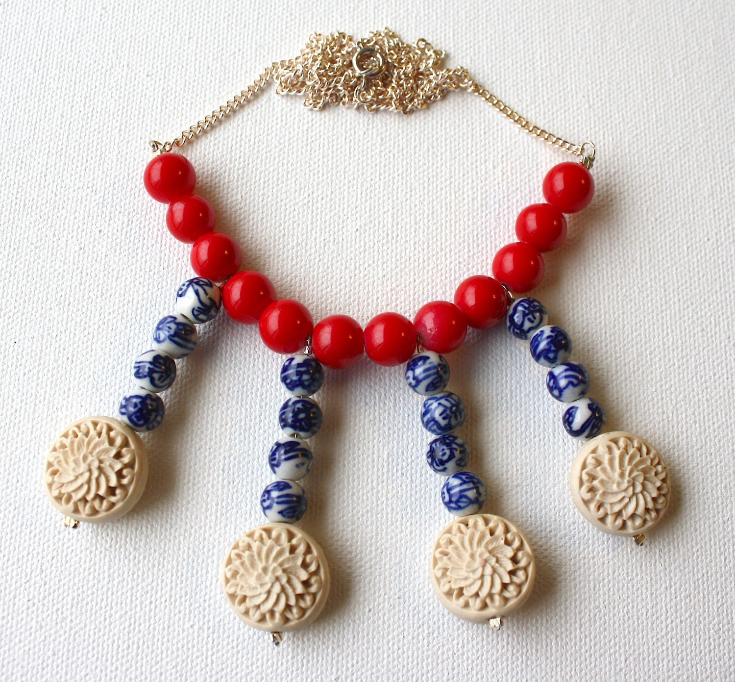 Red Blue Statement Necklace - Drop Down Beaded Necklace - Unique Bold Necklace - Long Spiky Necklace - Spring Costume Jewelry