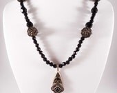 Art deco silver gold black vintage handmade beaded pendant necklace, beadwork