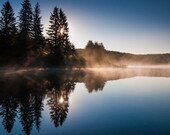 Sunrise through trees and fog over Spruce Knob Lake, West Virginia. - Landscape Photography Fine Art Print or Gallery Wrap Canvas Home Decor