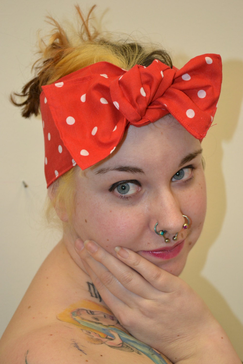 Red polka dot rockabilly/ Retro 50s, vintage inspired pin-up style hair bow, hair scarf/ hair wrap/ bandana.
