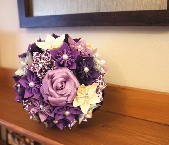 Custom Wedding Kusudama Origami Paper Flower Package - Bouquets, Bridesmaid Bouquet, Purple, ivory Silver