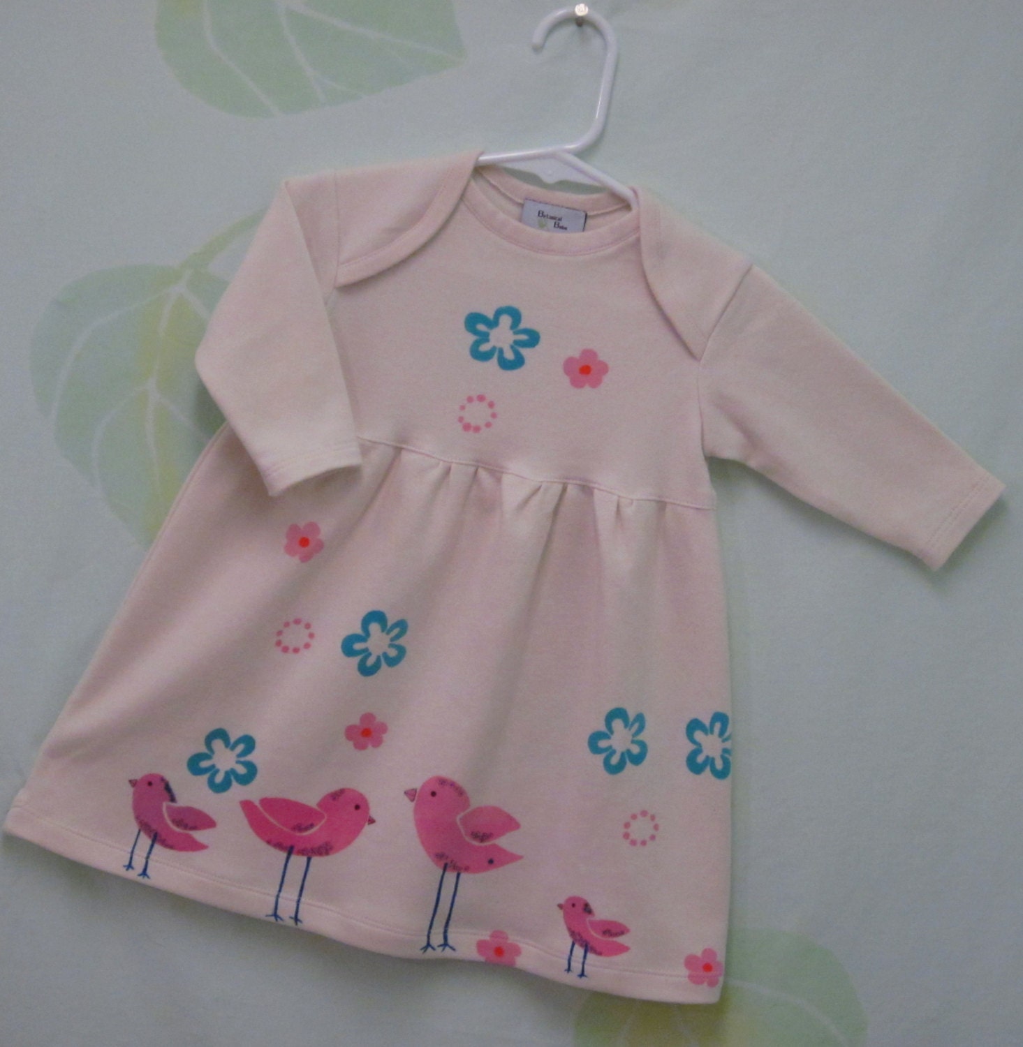 24 mo. Little Girl Dress Organic Cotton Knit.  Long Sleeve, Leggy Pink Bird Family.