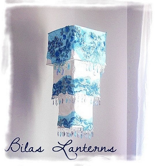 Blue Turquoise, Hanging Paper and crystal Light Shade, Lantern,  Fits ANY pendant Light fixture. Includes Led Light