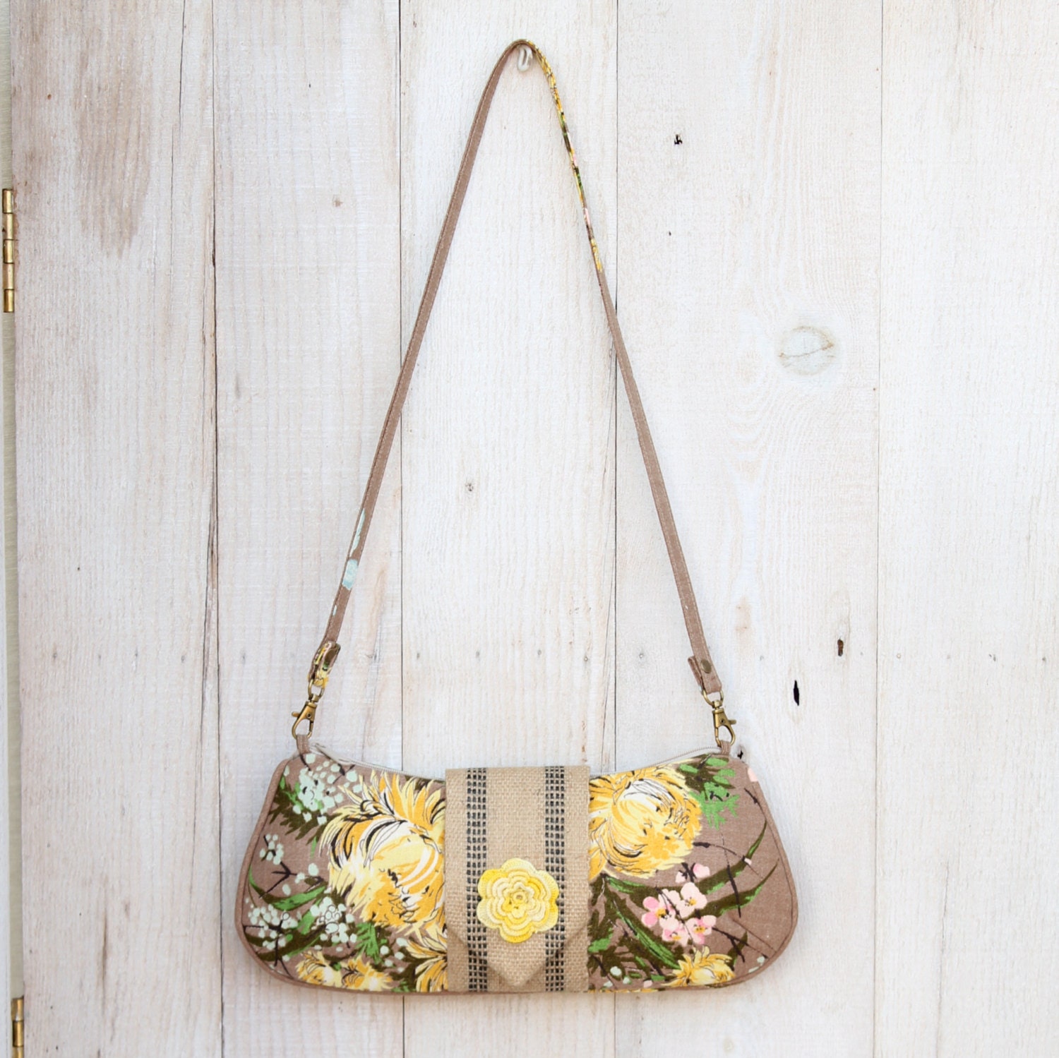 Vintage Floral Barkcloth Clutch in Khaki with Yellow Flowers