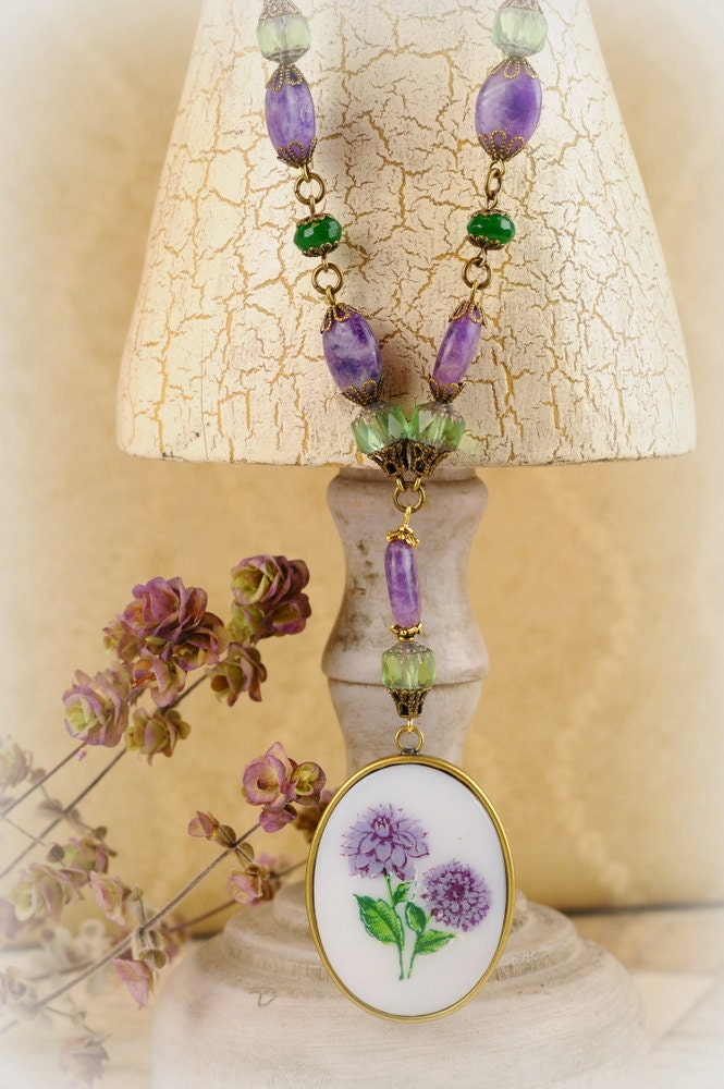 Rosary Cameo Necklace Purple Chrysanthemum Flowers