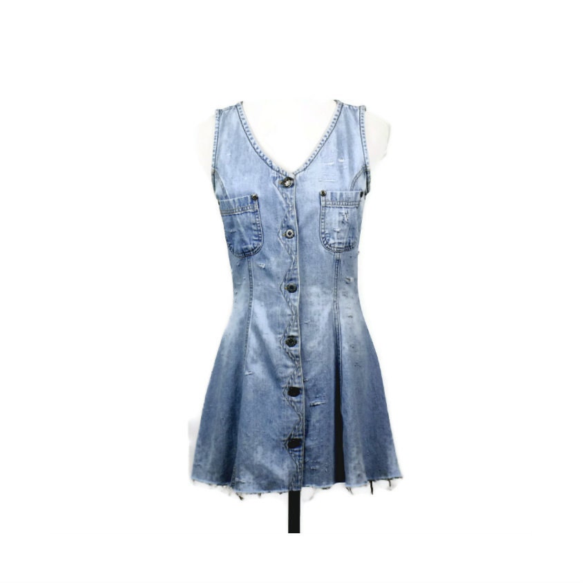 90s grunge denim dress / 1990s denim mini dress / distressed denim / button front / hipster dress / size XS S extra small - small