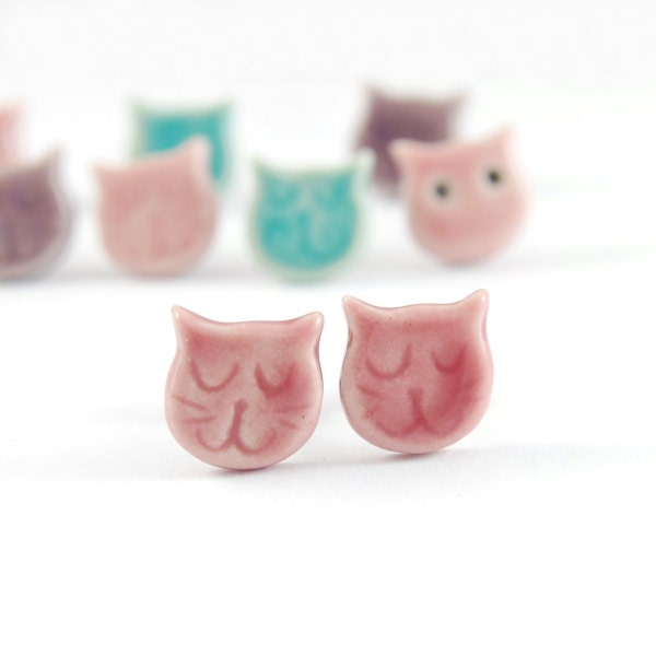 Mini cats in rose pink- ceramic stud, post, earrings, mini ,surgical steel,cat,spring,kitty,pastel,pink,