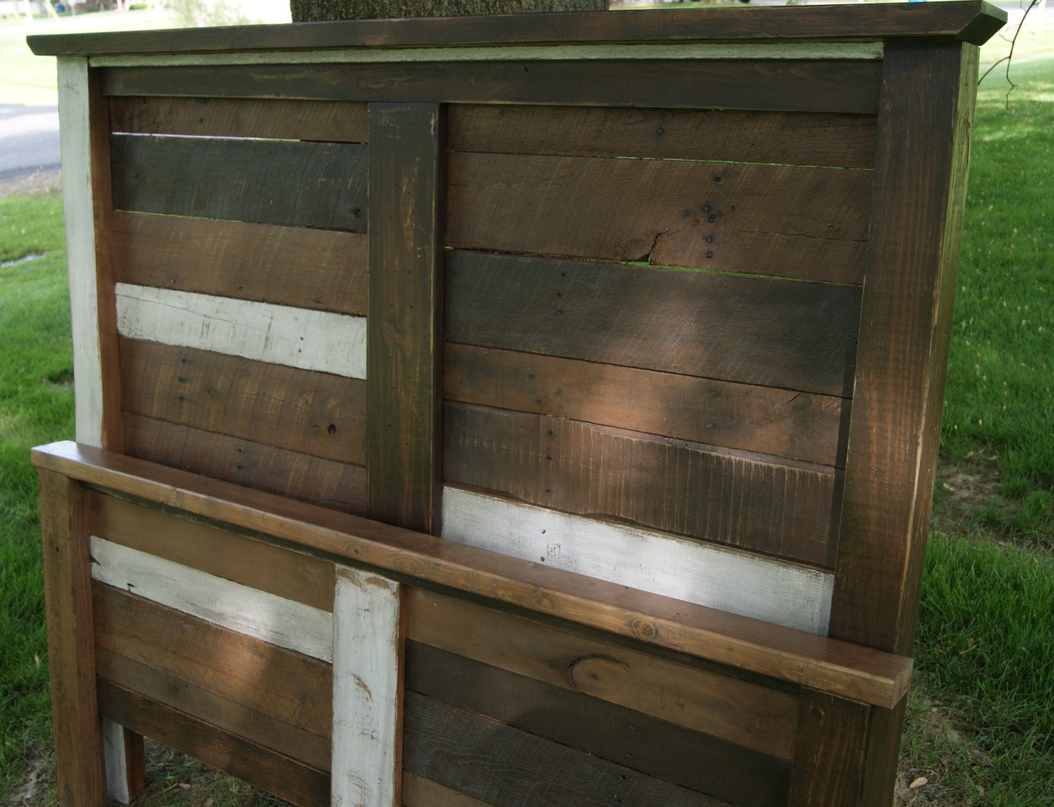Shabby Chic Reclaimed Queen Bed Set.  Rustic Headboard, Foot Board, and rails.  Reclaimed Queen Bed distressed with Brown and White