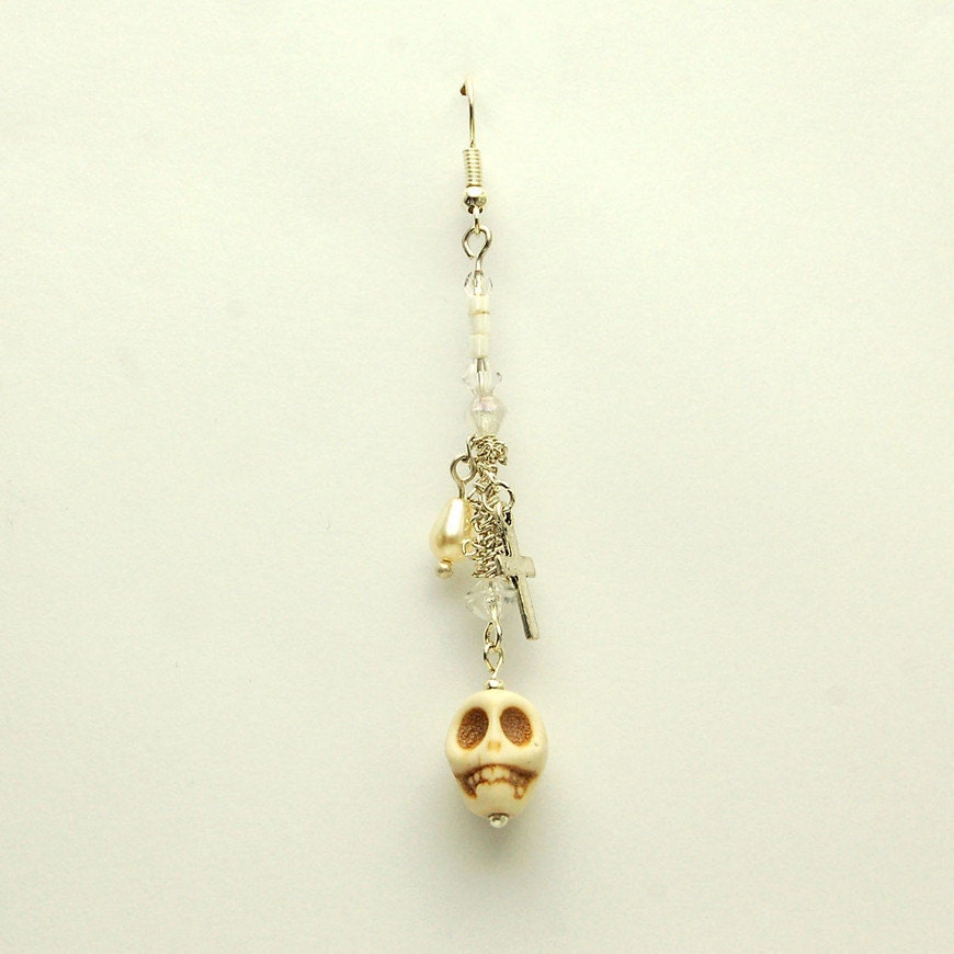 Drop earrings with pearls, chains, crystals, gothic skull charms silver red white