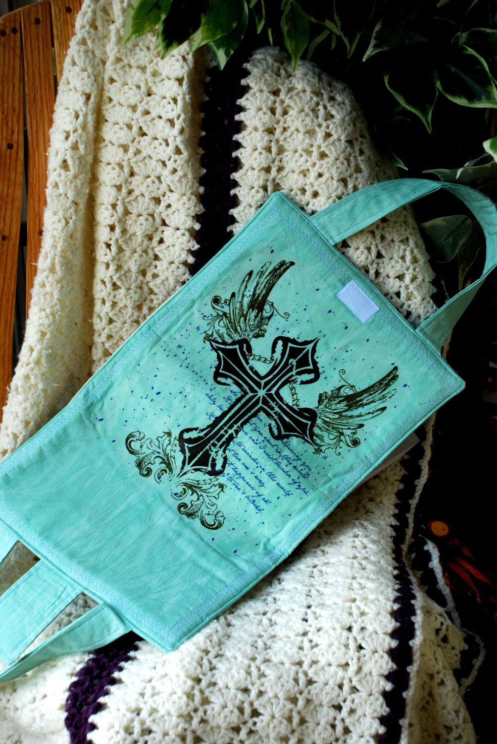 OOAK Custom Handmade Fabric Quilted Cross Bible Cover 9.25" x 14" Light Teal