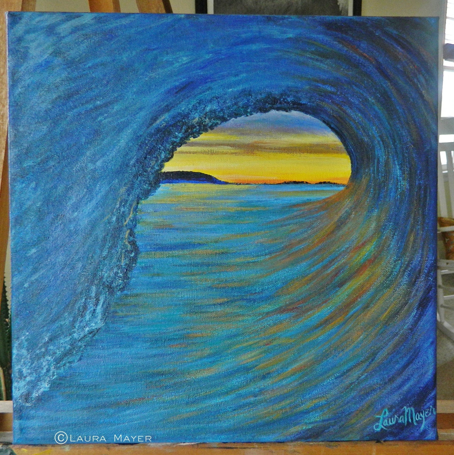 The Dark Blue Sea- 12 x 12 original acrylic surf art painting on canvas- barrel, tube, sunset, wave