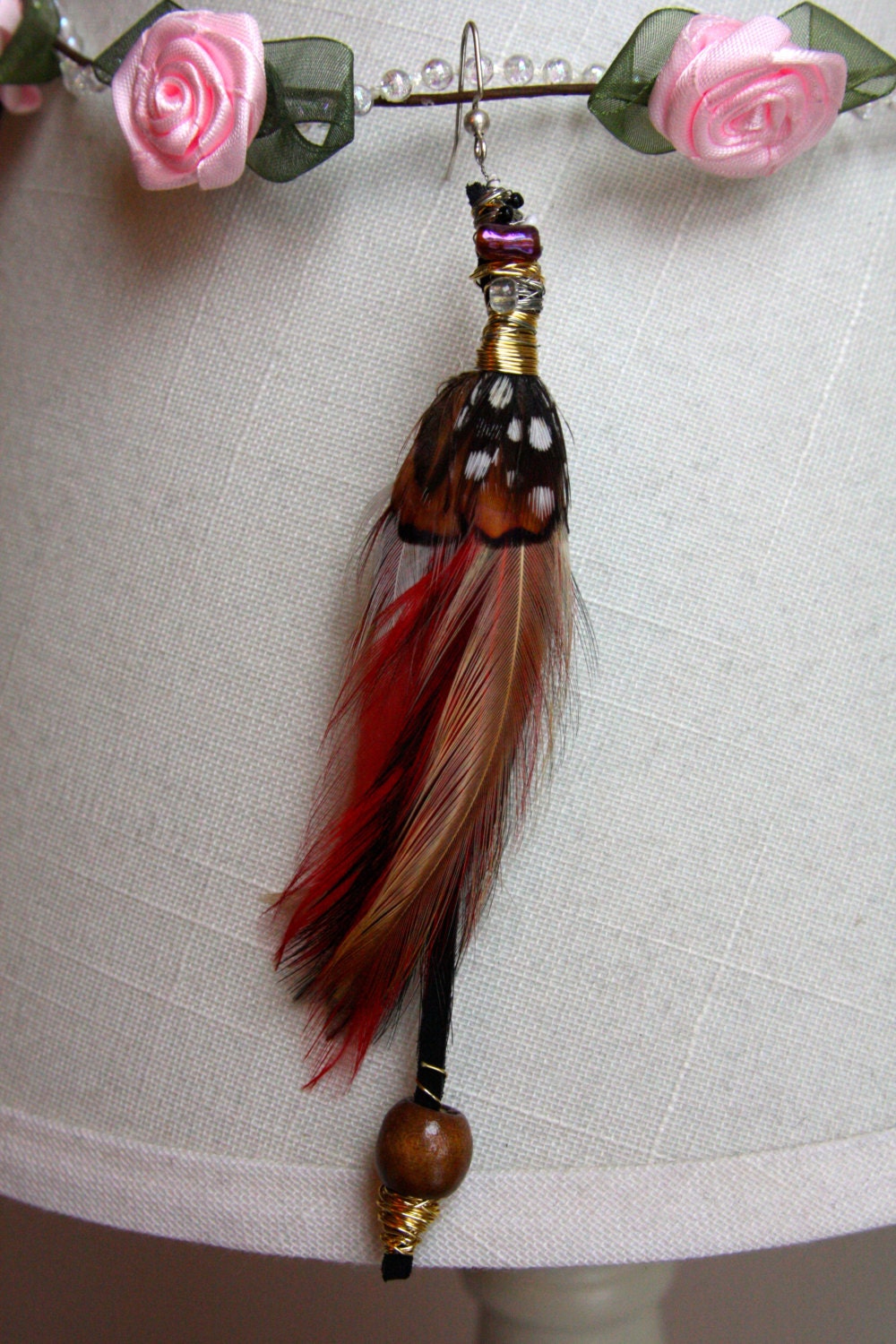 Red/Amber/Black Spotted Faux Feather Earring with Black, Purple, and Wooden Beads, Black Suede, and Gold Wire