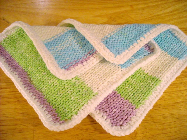 Knit Dish Cloth or Wash Cloth--Into The Sea-- Crocheted Border, Set of Two--Purple, Green, Blue, White