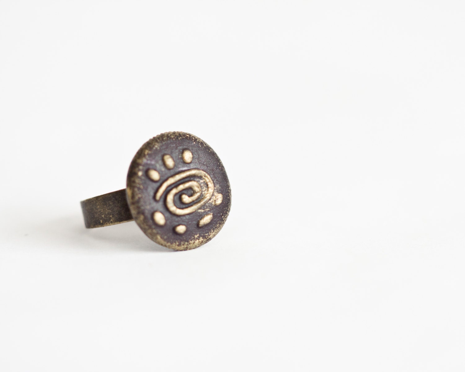 Tribal Ring, Rustic Adjustable Clay Ring, Antique Gold and Chocolate  Brown, Statement Jewelry