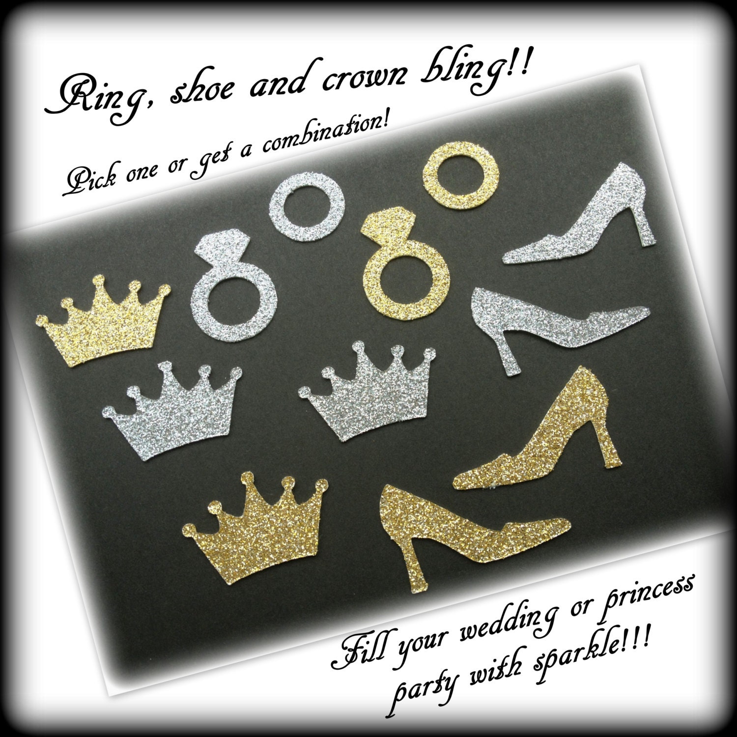 50 Bling confetti - ring, shoe - crown - any color combination - wedding - princess - bride - silver - gold