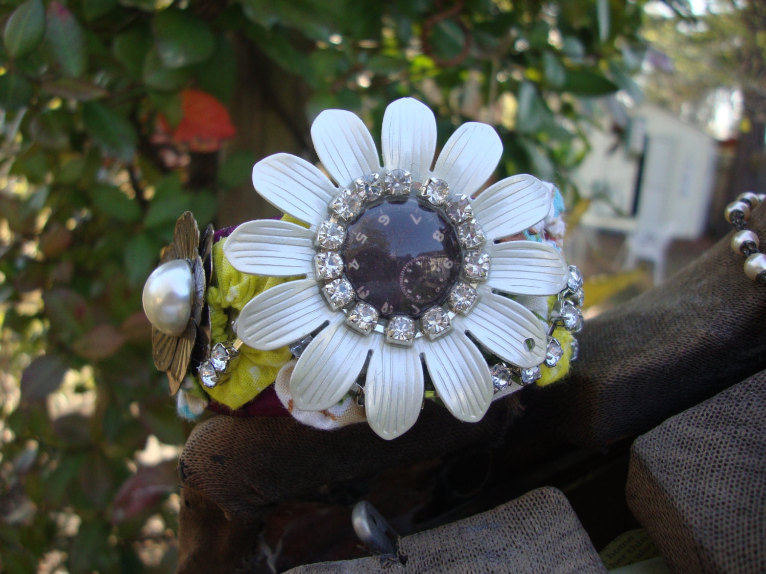 Eclectic Flower Brooch Cuff with Fabric and Diamond Deatails