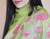 Hand painted   silk scarf. Green floral silk scarf , Tulip scarf, Approx.18x 55 in.,  45x  140cm