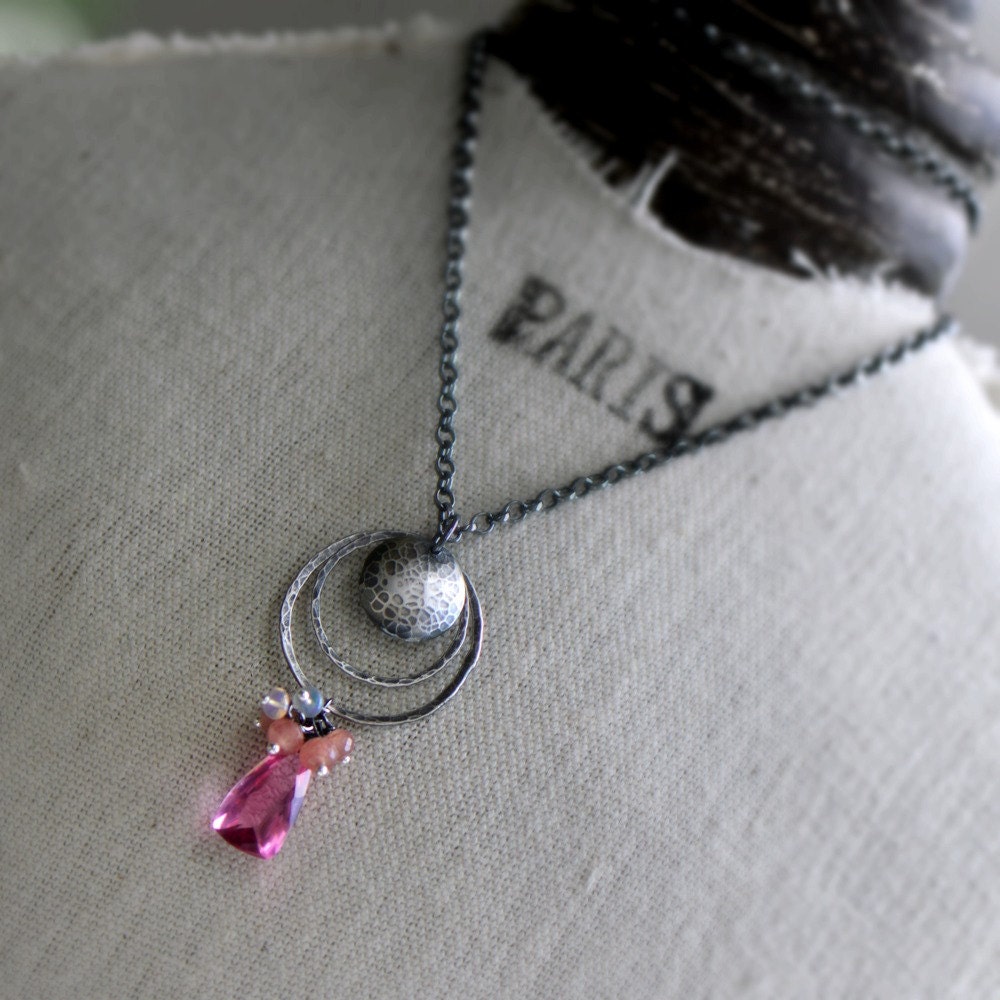pendant  necklace with  rose pink quartz, peach rhodochrosite, opal and oxidised silver by Emily Gray