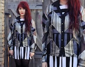 Sheer Black and Silver Chevron Top / Shirt / Blouse UK 8-14 (US 4-10) M/L - Glitter Arrow Geometric Retro Vintage, 80's / 90's
