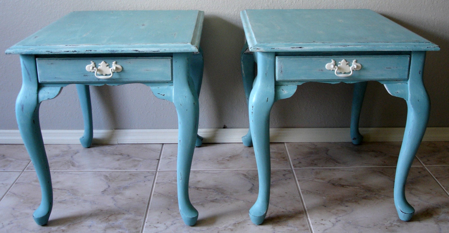Set of  French Provincial side, end tables painted & distressed in turquoise