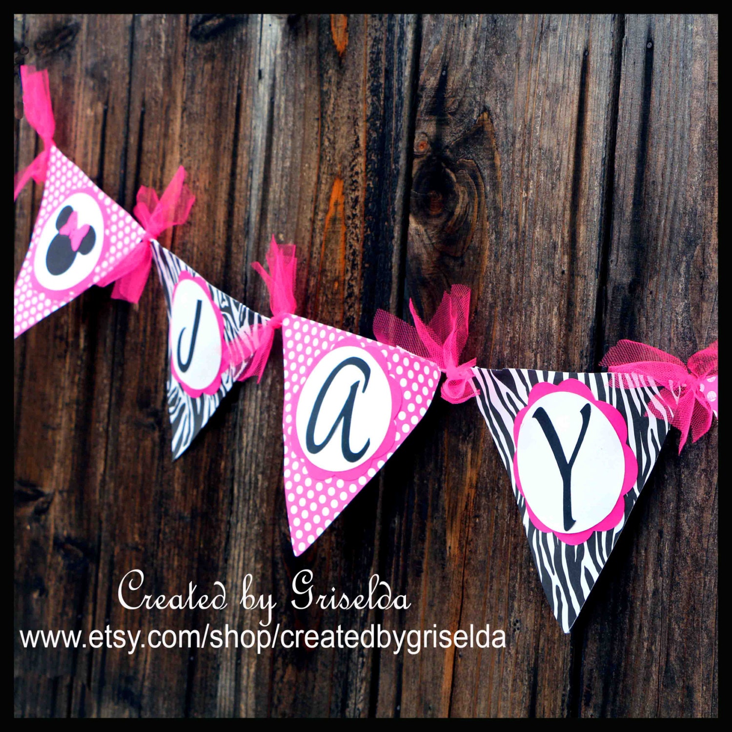 Minnie Mouse Birthday Personalized Banner - Hot Pink and Zebra