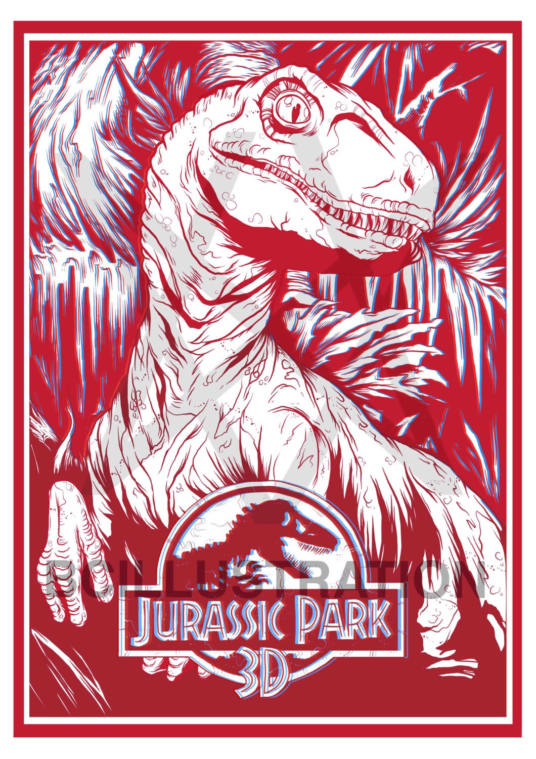Limited Edition 3D Jurassic Park Raptor Print A3 Plus & 3D Glasses. Limited Run Of Ten.