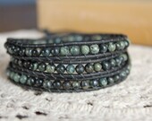 leather wrapped bracelet - kambaba jasper semi-precious gemstone beads