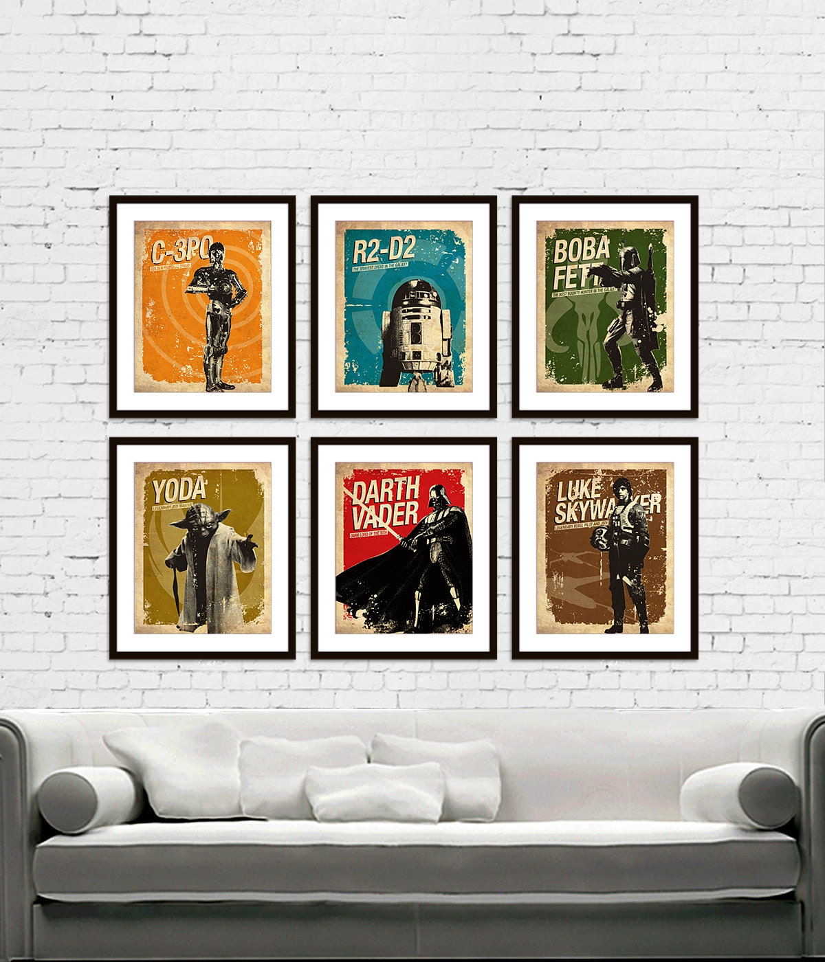Star Wars - C-3PO - R2-D2 - Darth Vader - Boba Fett - Yoda - Luke Skywalker Vintage Silhouette Poster Print Set of 6